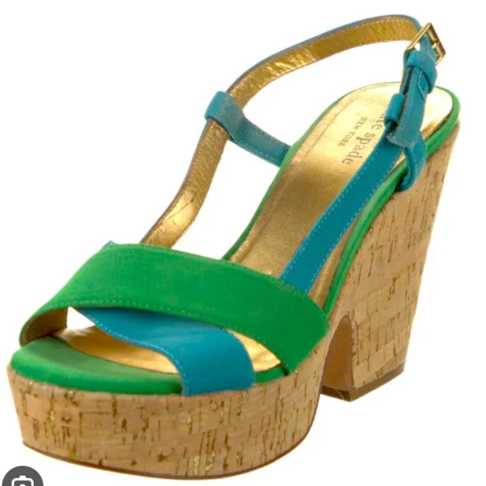 Kate Spade Penny Heels Cork Wedge Green Blue Platform Color block